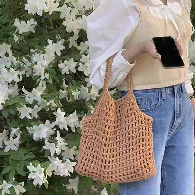 Summer Fashion Knitted Shoulder Bags Hollow Out Weaving Tote Bag Large Capacity Beach Handbags Bohemian Hand-Woven Underarm Bags