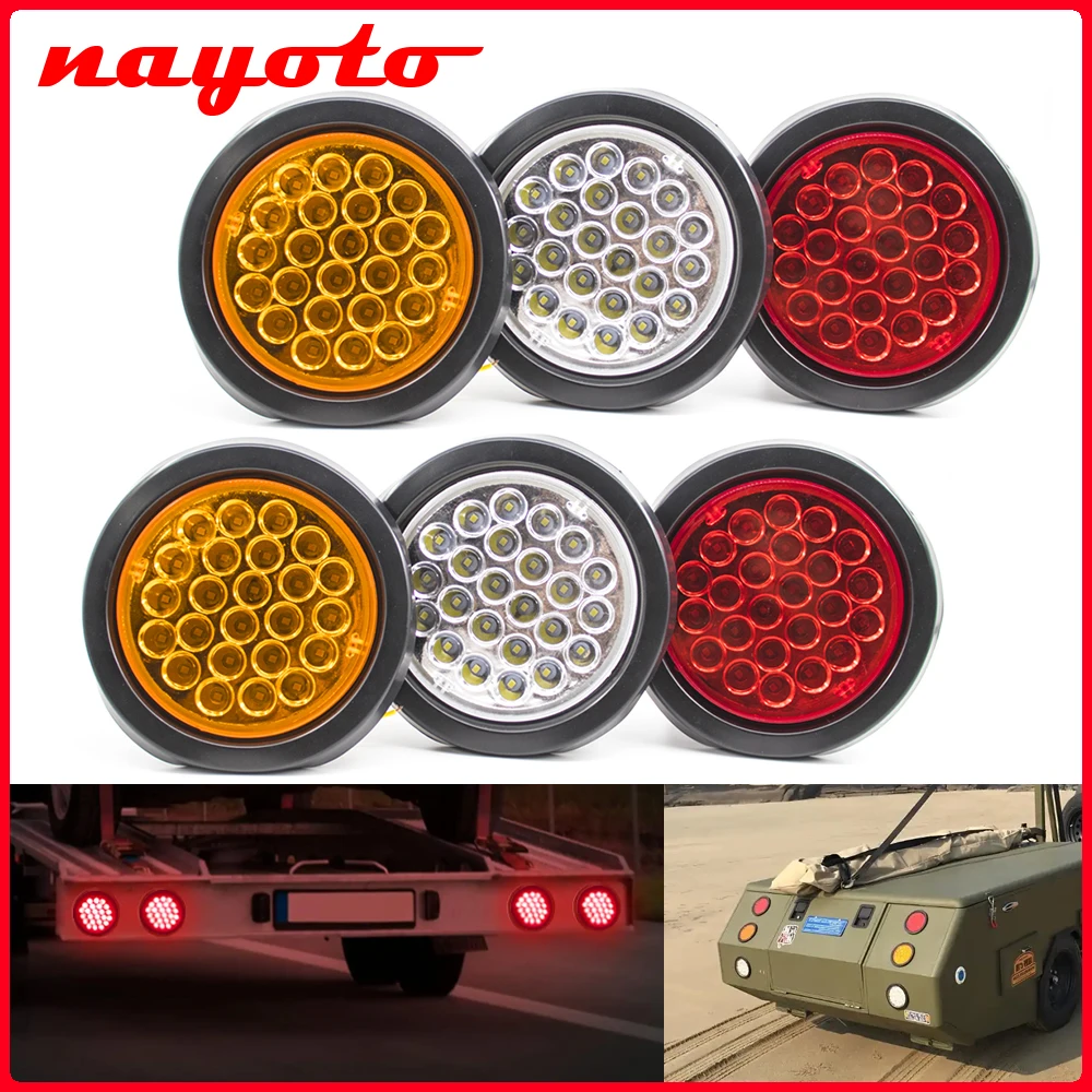 2Pcs 12V 24V 24 Round LED Rear Tail Light Brake Stop Side Marker Warning Indicator Reflector Truck Trailer Red Yellow White Lamp