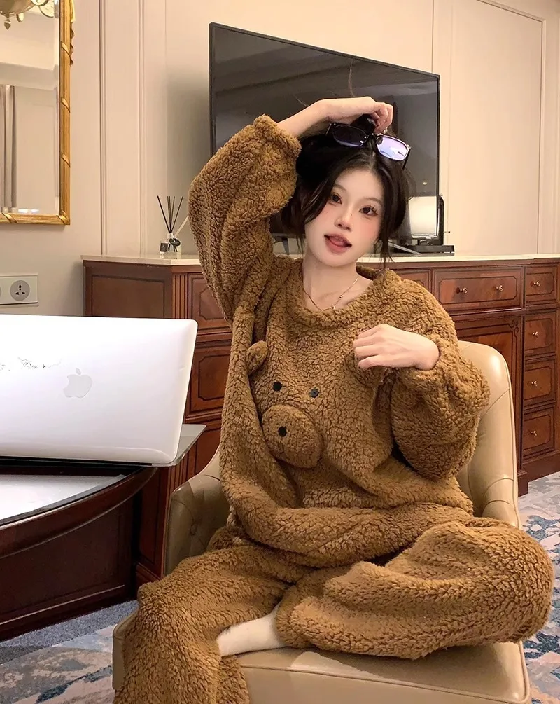 Women's autumn and winter cute three-dimensional teddy bear pajamas can be worn externally, imitation lamb wool top pants set