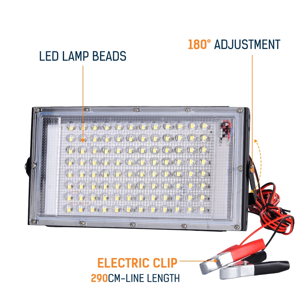 LED Portable Floodlight 50W 100W DC12V Electric Clip Charger LED Outdoor Spotlight Emergency Lamp For Working Camping Hiking