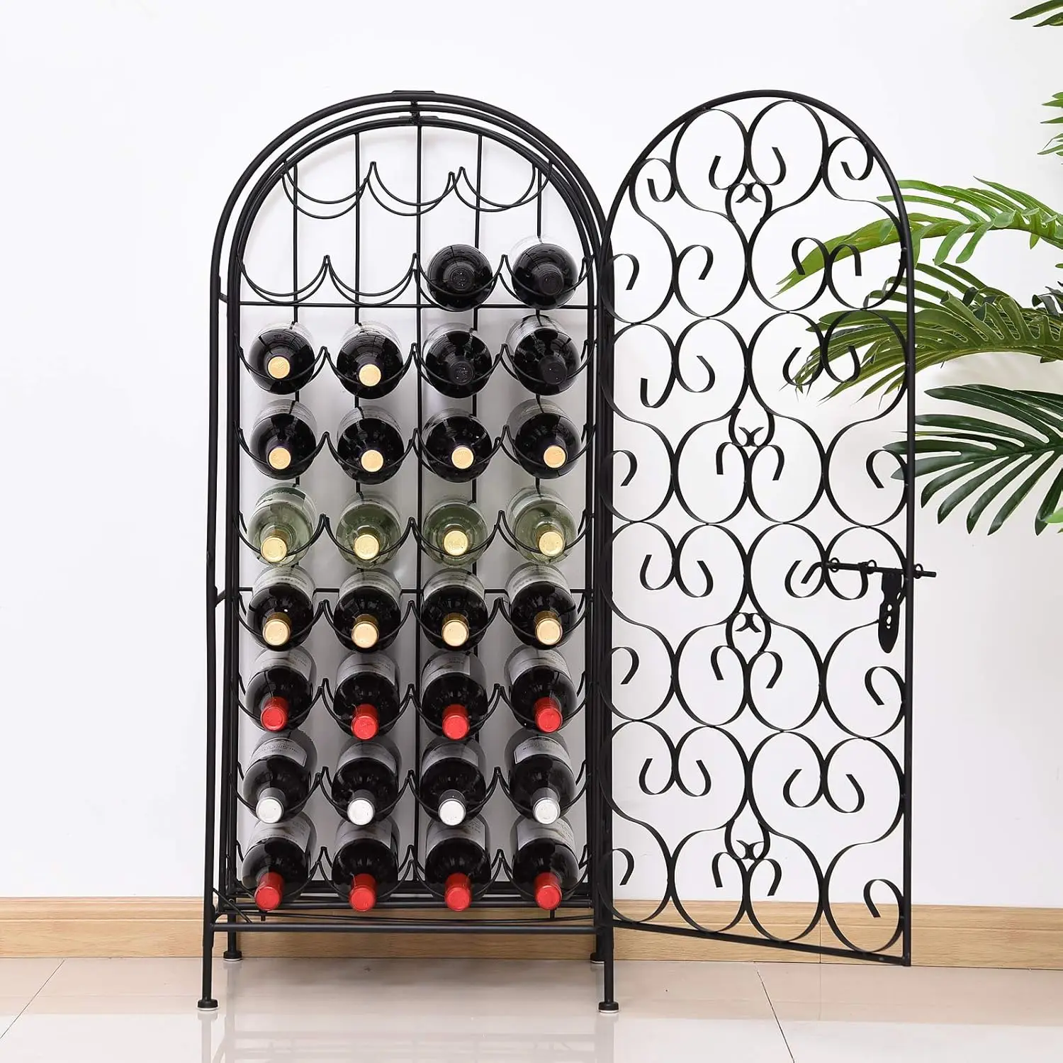 35-Bottle Wrought Iron Wine Rack Cabinet with Lock, Black for Home Cellar Storage
