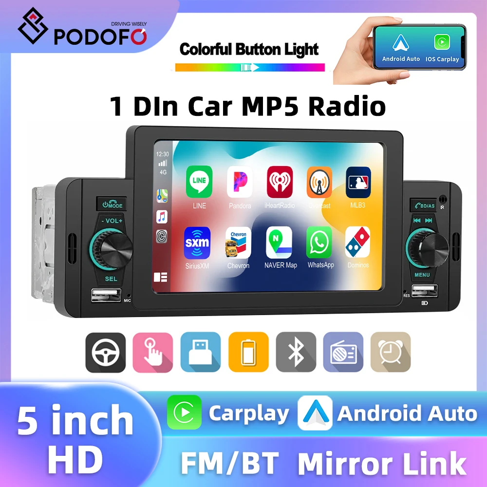 Podofo 5'' Car Radio Carplay Android Auto 1 Din MP5 Player Bluetooth FM Radio Receiver Fast Charging USB Car Multimedia Player