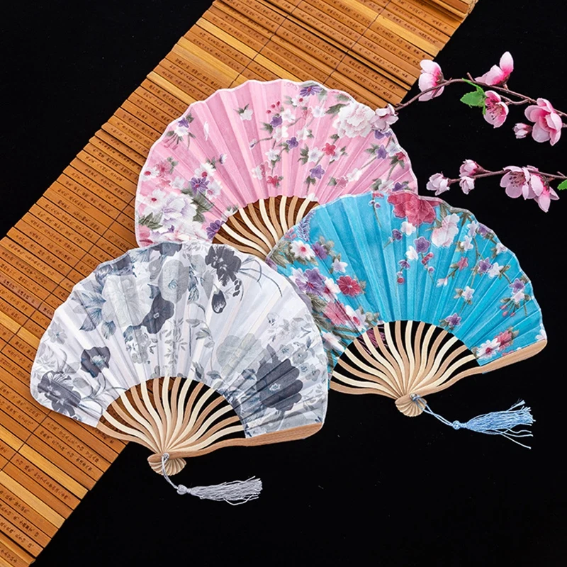 Beautiful Flower Dancing Fans Folding Handheld Floral Fan Dance Performance Stage Prop Wedding Party Dance Bamboo Fans Japanese