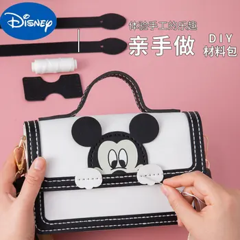 MINISO Disney New 2023 Hot Style Handmade Cartoon Weaving Diy Material Bag Self-made Cute Mickey Shoulder Messenger Bag