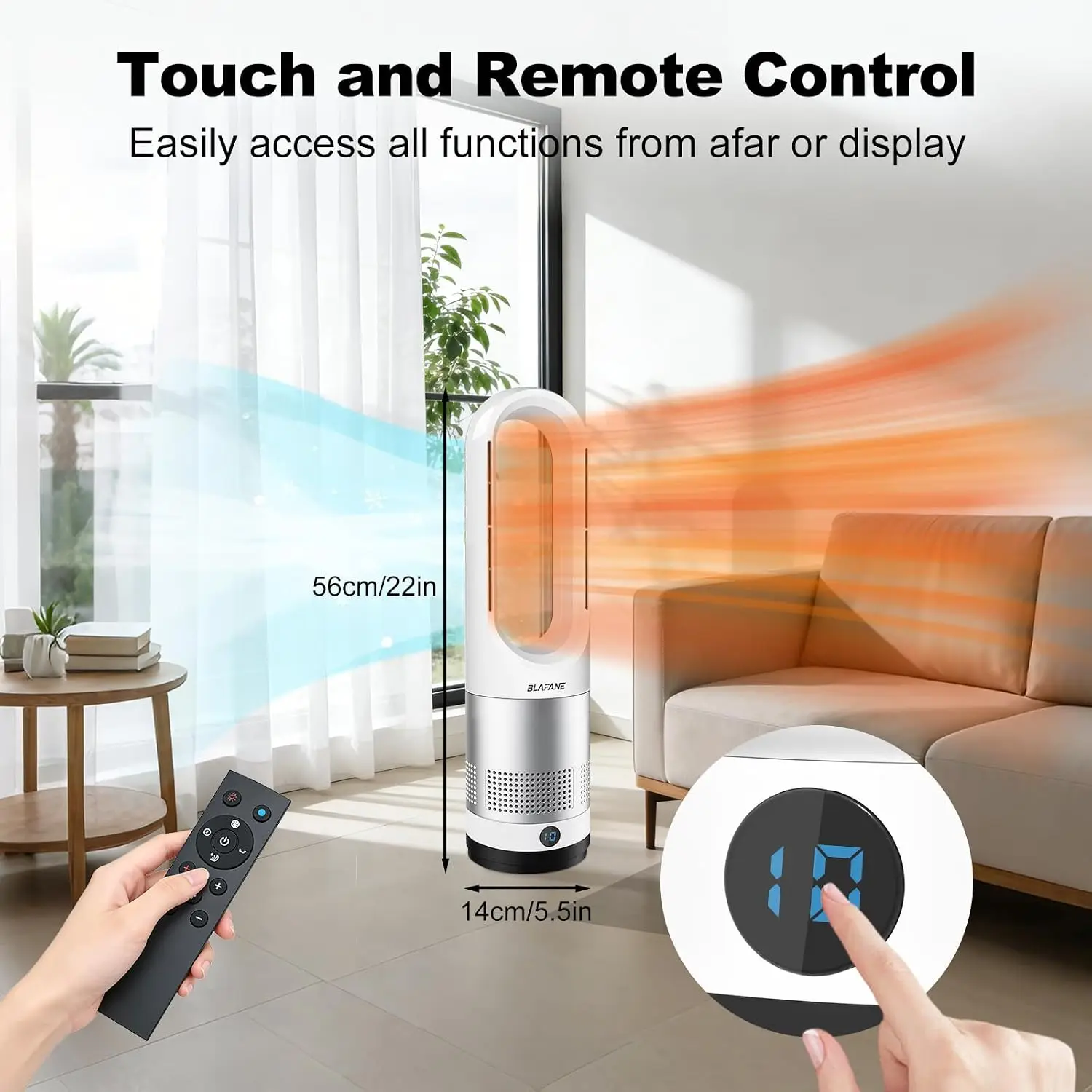 22 Inch Bladeless Tower Fan 10 Speeds Oscillating Cool Warm Air 9 Hour Timer Quiet Easy Clean LED Display Control Bedroom Office