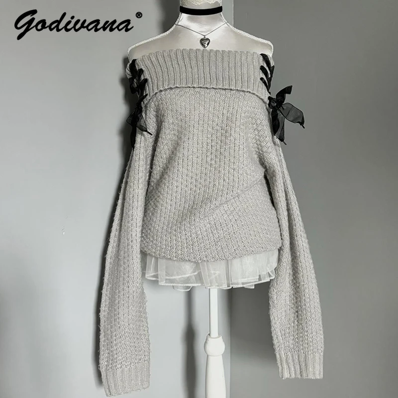 Original Gray Strap Off-the-shoulder Soft Pullover Sweater Women's Autumn and Winter Niche Solid Color Knitted Sweater Tops