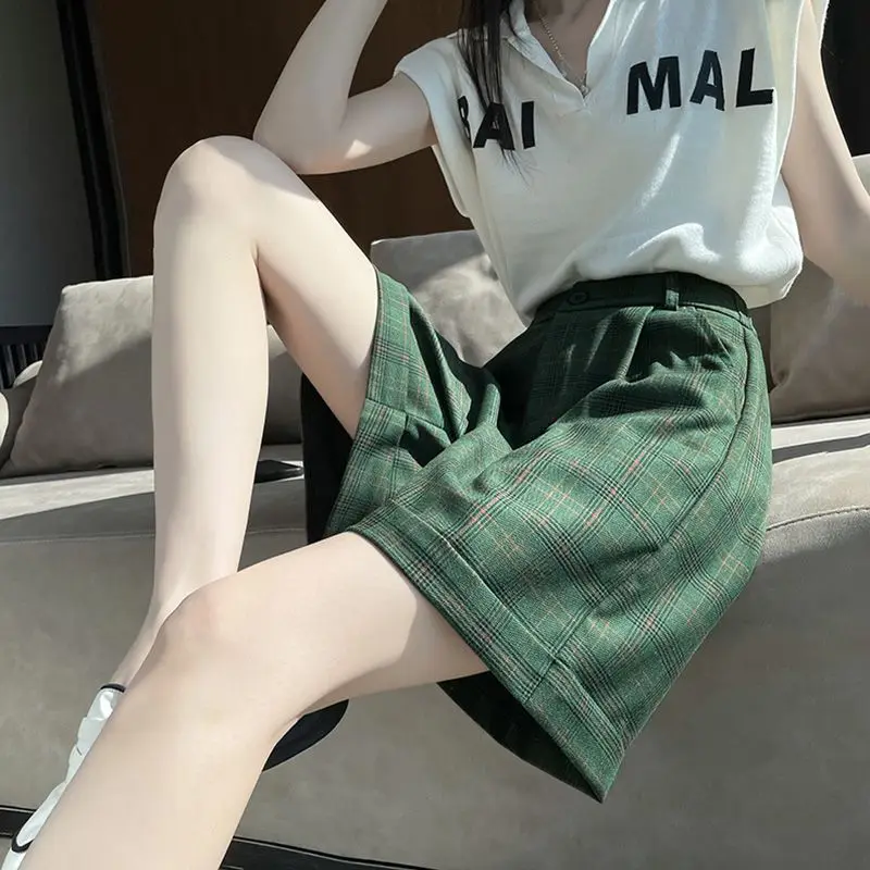 

Trend Green Plaid Shorts for Women New Summer Zipper High Waist Loose Youth Casual Wide Leg Shorts Vintage Fashion Clothing