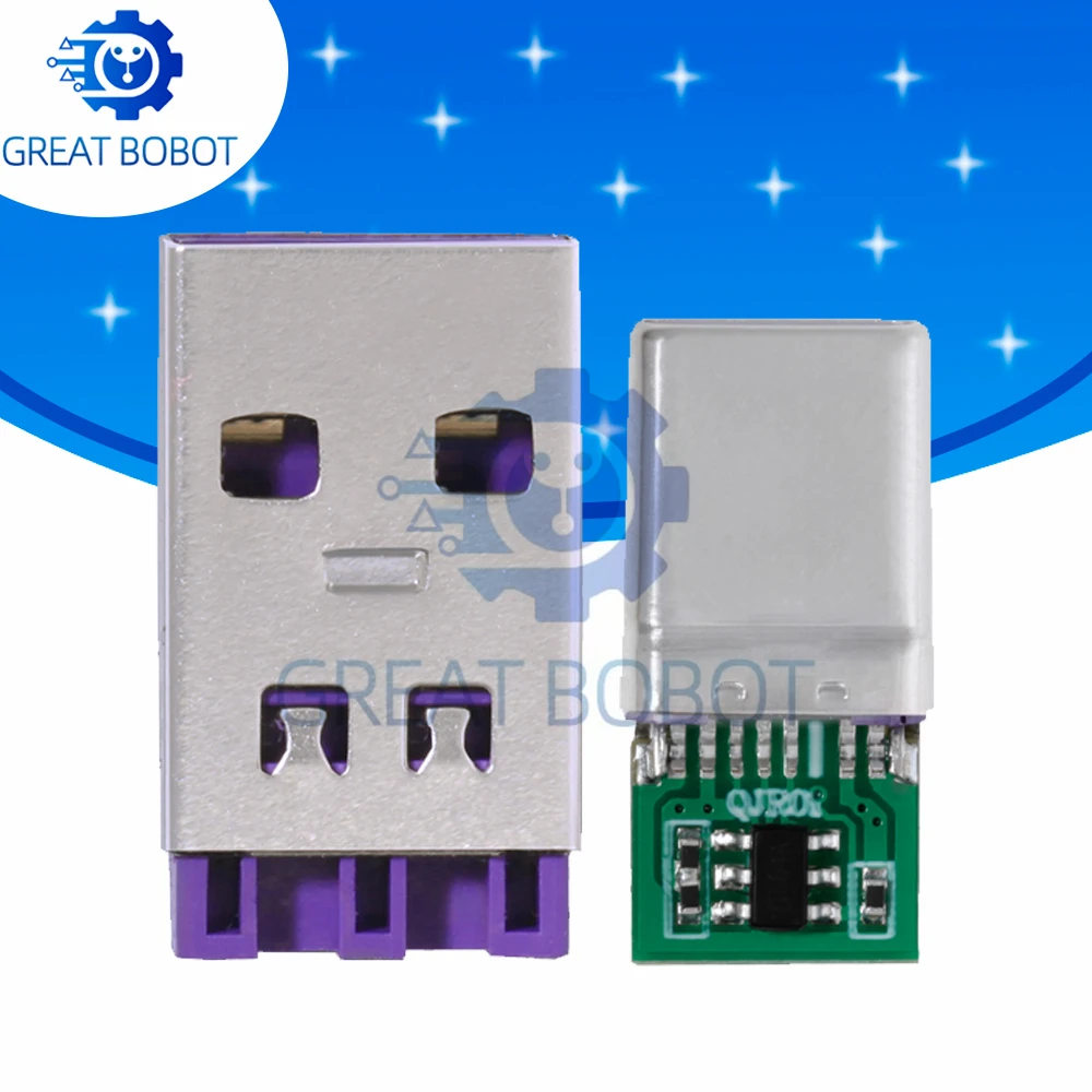 5Pin PCB Type‑C & Type‑A Male Connector Kit, 65W 5A PD OTG Charging Soldering Module