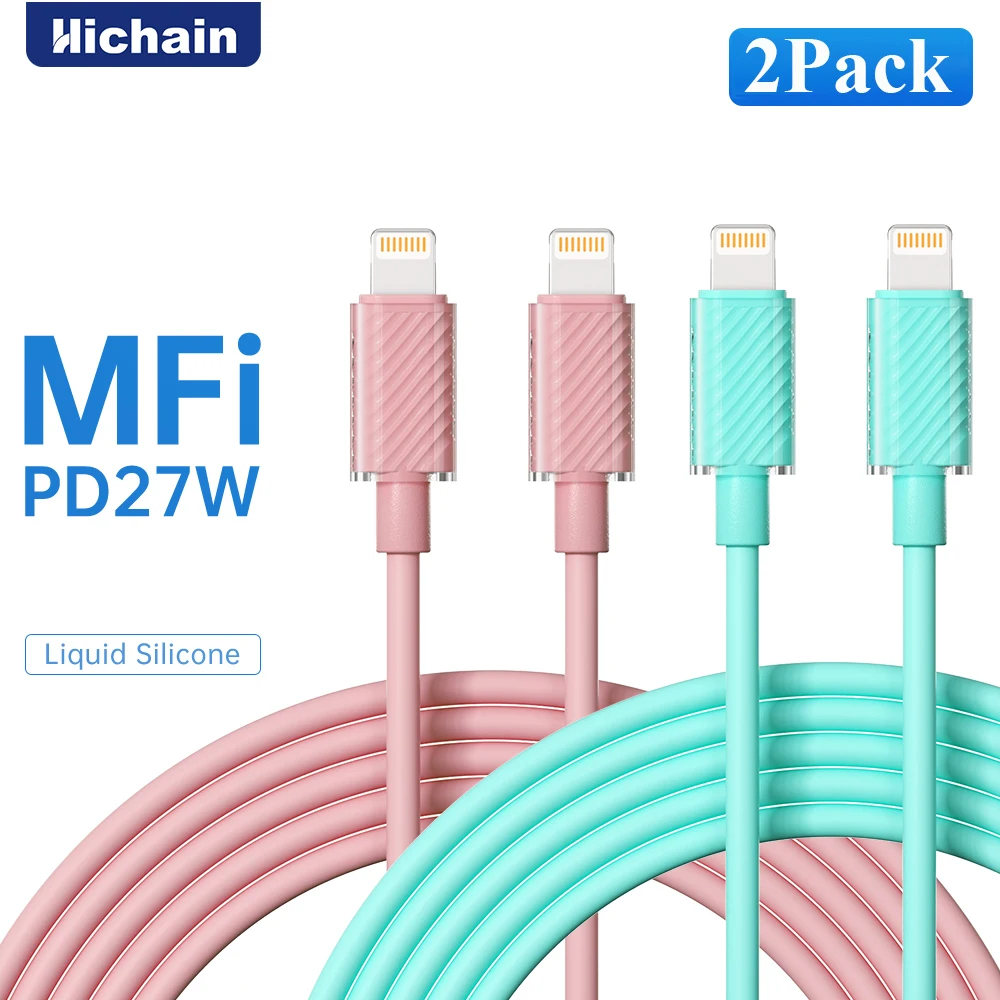 

Кабель Hichain 2Pack 27W MFi USB C-Lightning для iPhone 6-14, 9V 3A, быстрый зарядный кабель USB C, кабель из жидкого силикона для iPhone