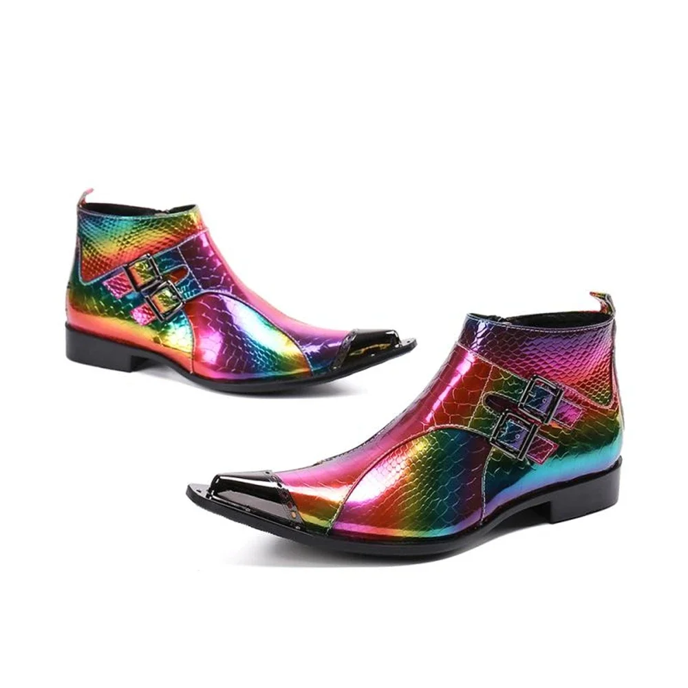 Rainbow Colorful Men Genuine Leather High Heels Pointed Toe Boots Male Double Buckle Strap With Silver Metal Wedding Shoes