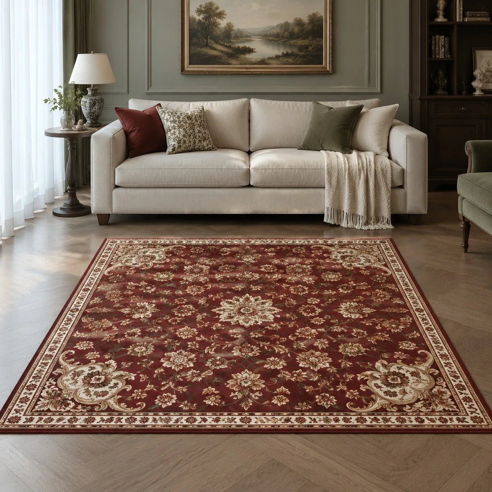 VIKAMA Living Room Rug Rust Red Scroll Floral Trellis Aesthetic Quick Dry Hallway Bedside Laundry Room Staircase Room Decor