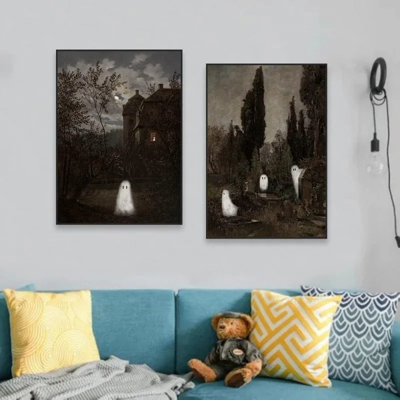 Multiple sizes 1pc frameless Canvas Painting Cute Ghost in Scenery Vintage Spooky Poster Print Canvas Painting Antique Fall Wall