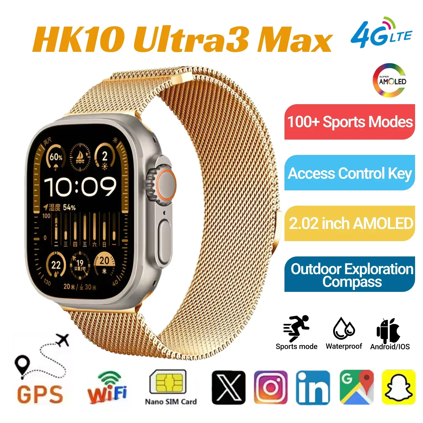

Оригинальные умные часы HK10 Ultra 3 MAX, 4 ГБ ПЗУ, AI ROBOT, совместное использование сети, AMOLED NFC, компас, GPS, умные часы для ISO Android