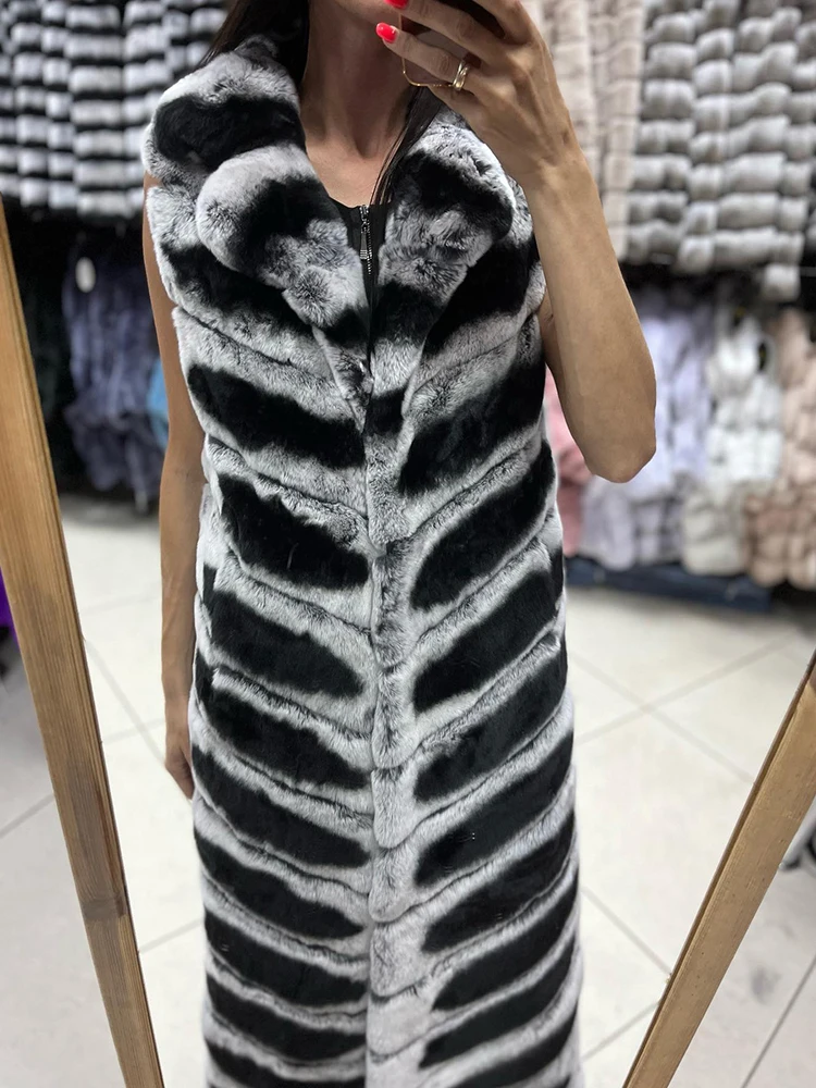 V-neck Strip Sewed Genuine Rex Rabbit Vest Jacket Women Autumn Winter New Luxury Thicken Long Real Fur Tank Top Coats Female