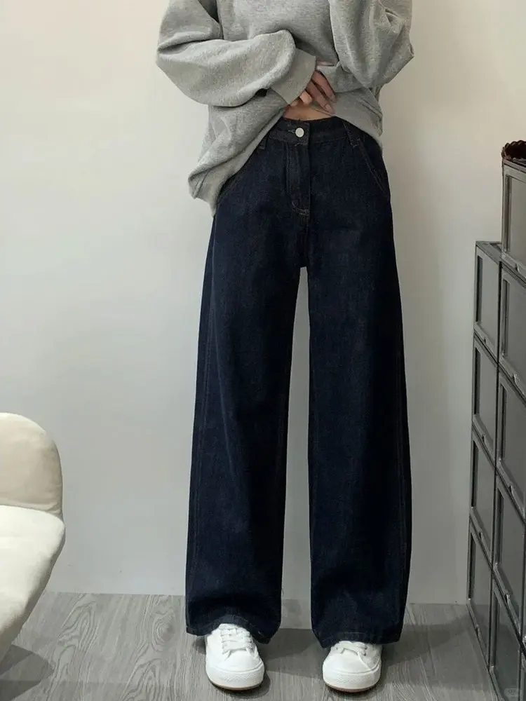 Jean à jambes larges doublé bleu profond pour femme, coupe ample, taille haute, coupe droite, automne hiver