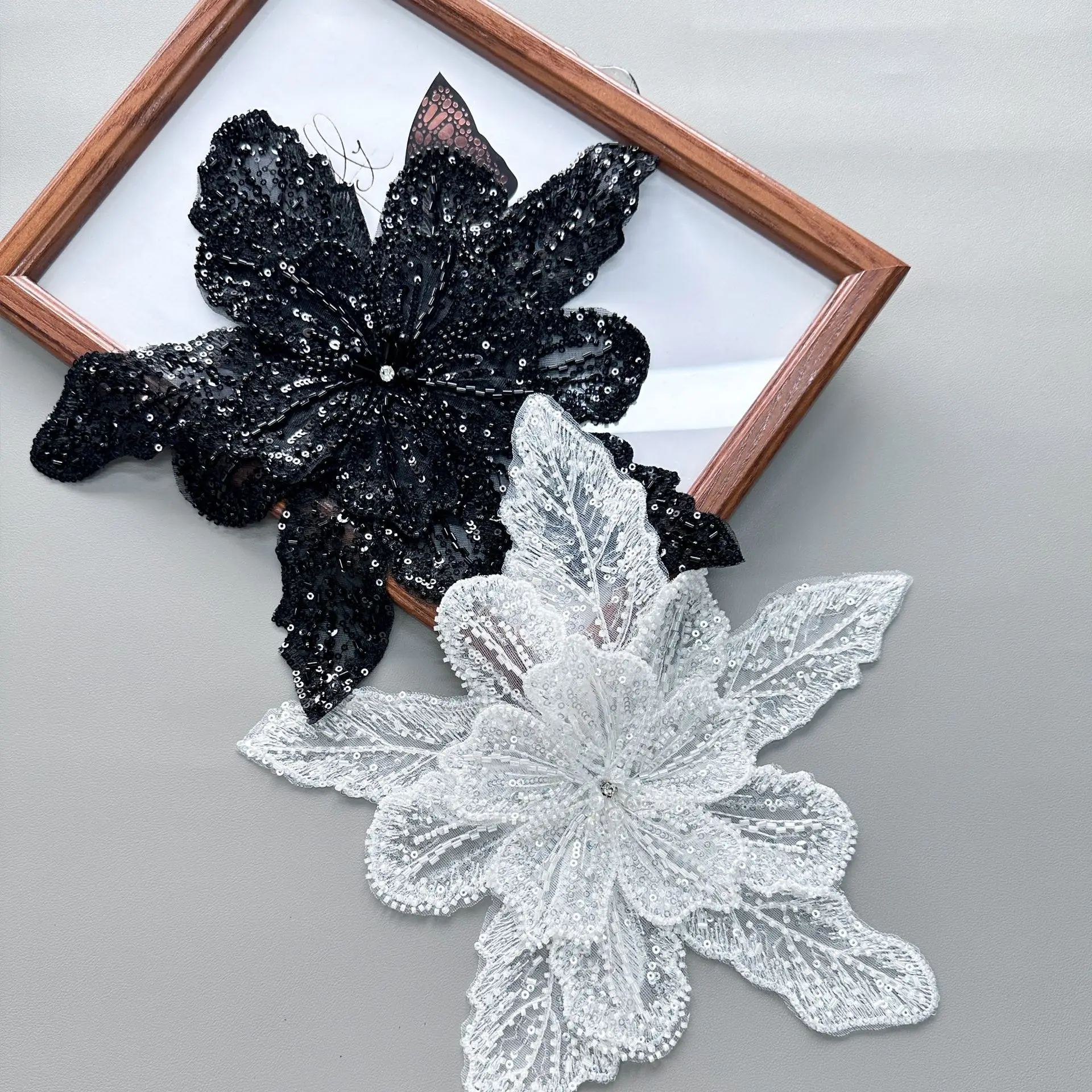White Multi-layer Lace Sequin Studded 3D Flower Patch DIY Clothing Decorative Applique Sweater Coat Accessories