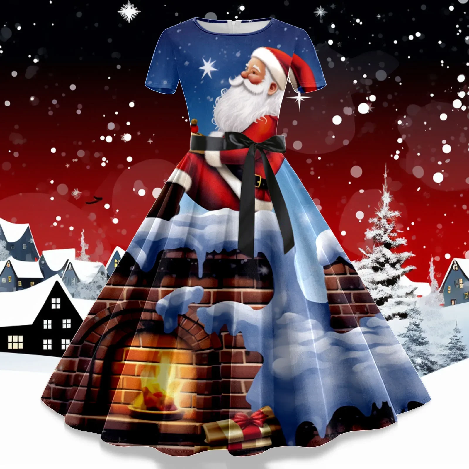 Robe Christmas Dresses for Women Winter Pinup Rockabilly Sexy Cosplay Party Dress Santa Claus Snow Print Cocktail Prom Dress