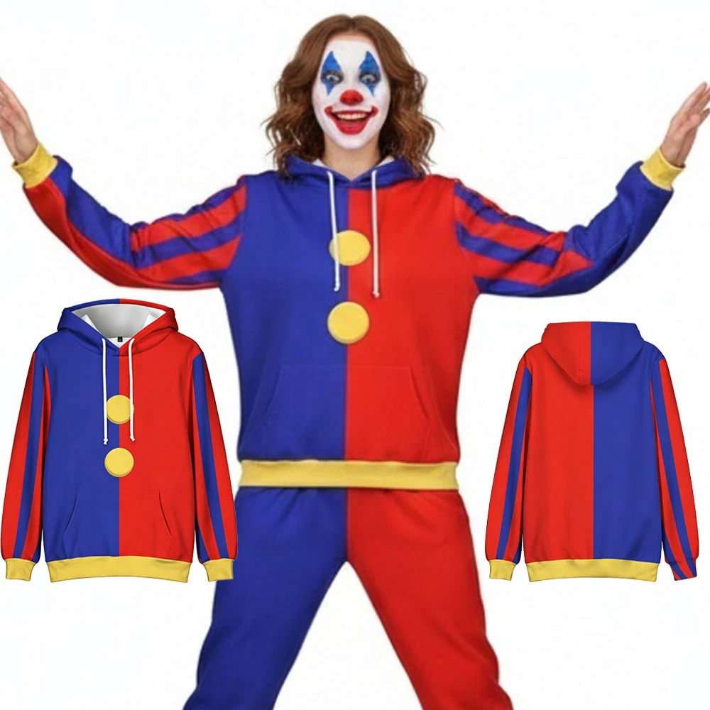 

Women Pomni Cosplay Costume Men Pomni Hoodie Cartoon Character Clowns Pullover Sweatshirt Halloween Carnival Performance Clothes