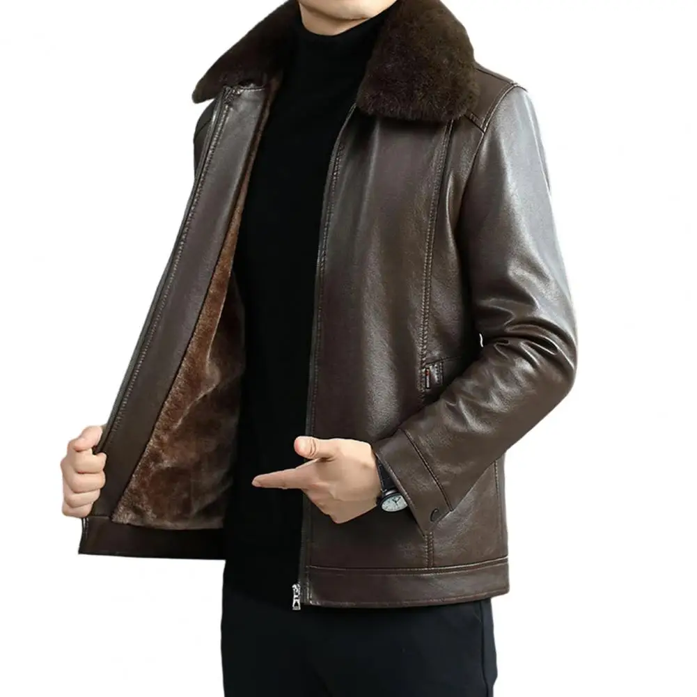 

Autumn Men Faux Leather Jacket Furry Lapel Long Sleeve Zipper Placket Coat Plush Lining Business Outwear