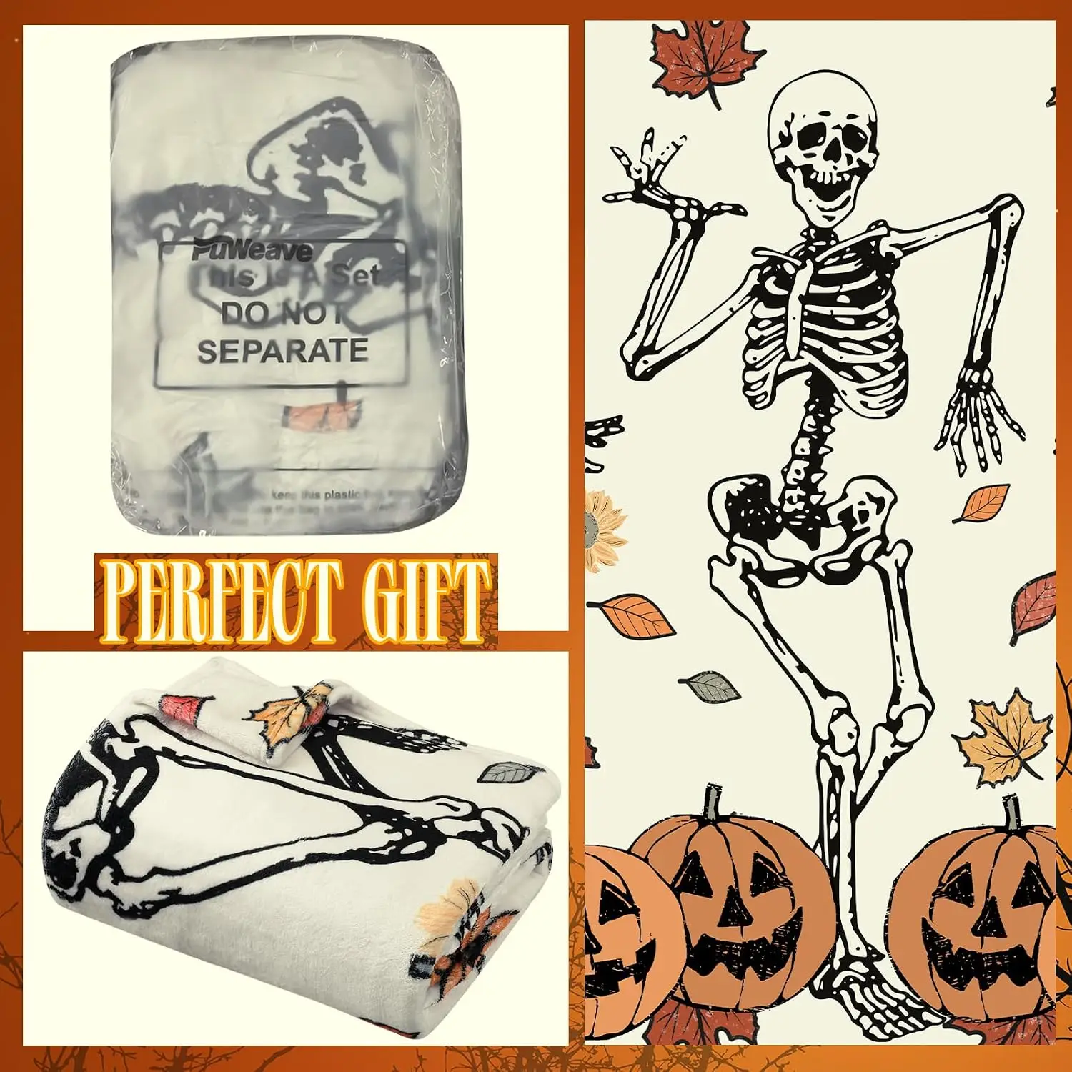 FuWeave Halloween Throw Blanket Dancing Skeleton Pumpkin Flannel Blanket