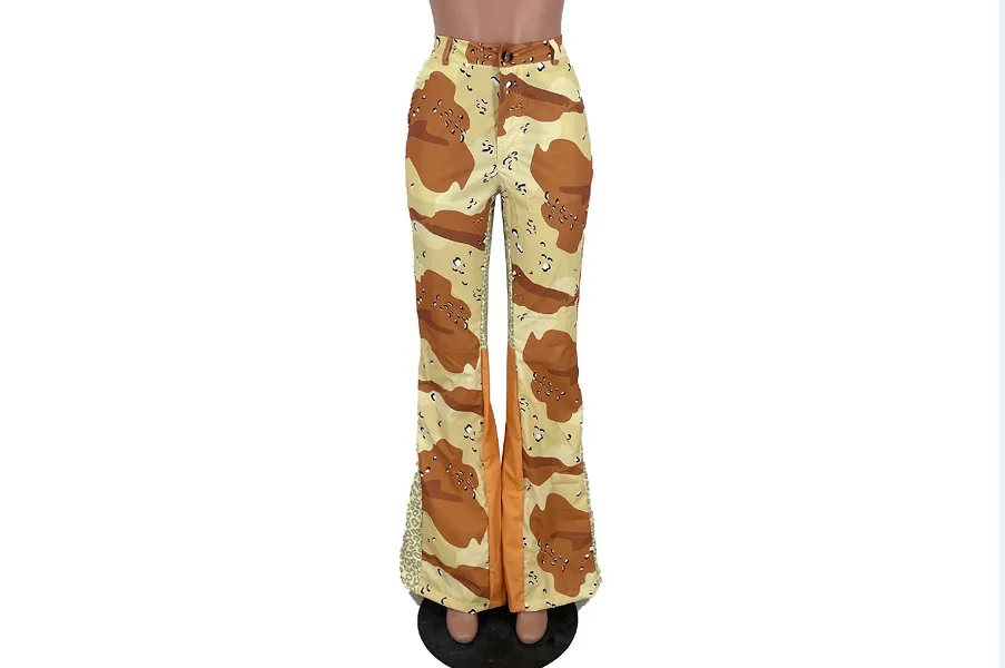 BKLD 2025 Spring New Women Clothing Casual Trousers Patchwork Camouflage Printed High Waisted Fashion Streetwear Flare Pants