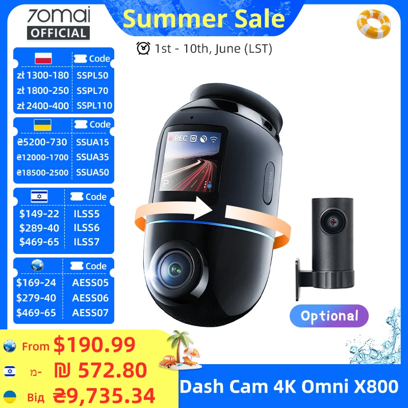 Global Version 70mai Dash Cam 4K Omni X800 360° Rotating Dual