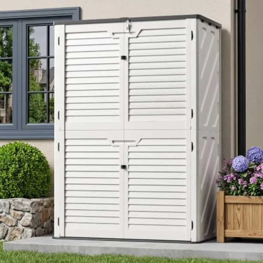Resin Outdoor Storage Shed with Floor, Weatherproof Plastic Vertical Outdoor Storage Cabinet for Garden Backyard Patio Pool Too