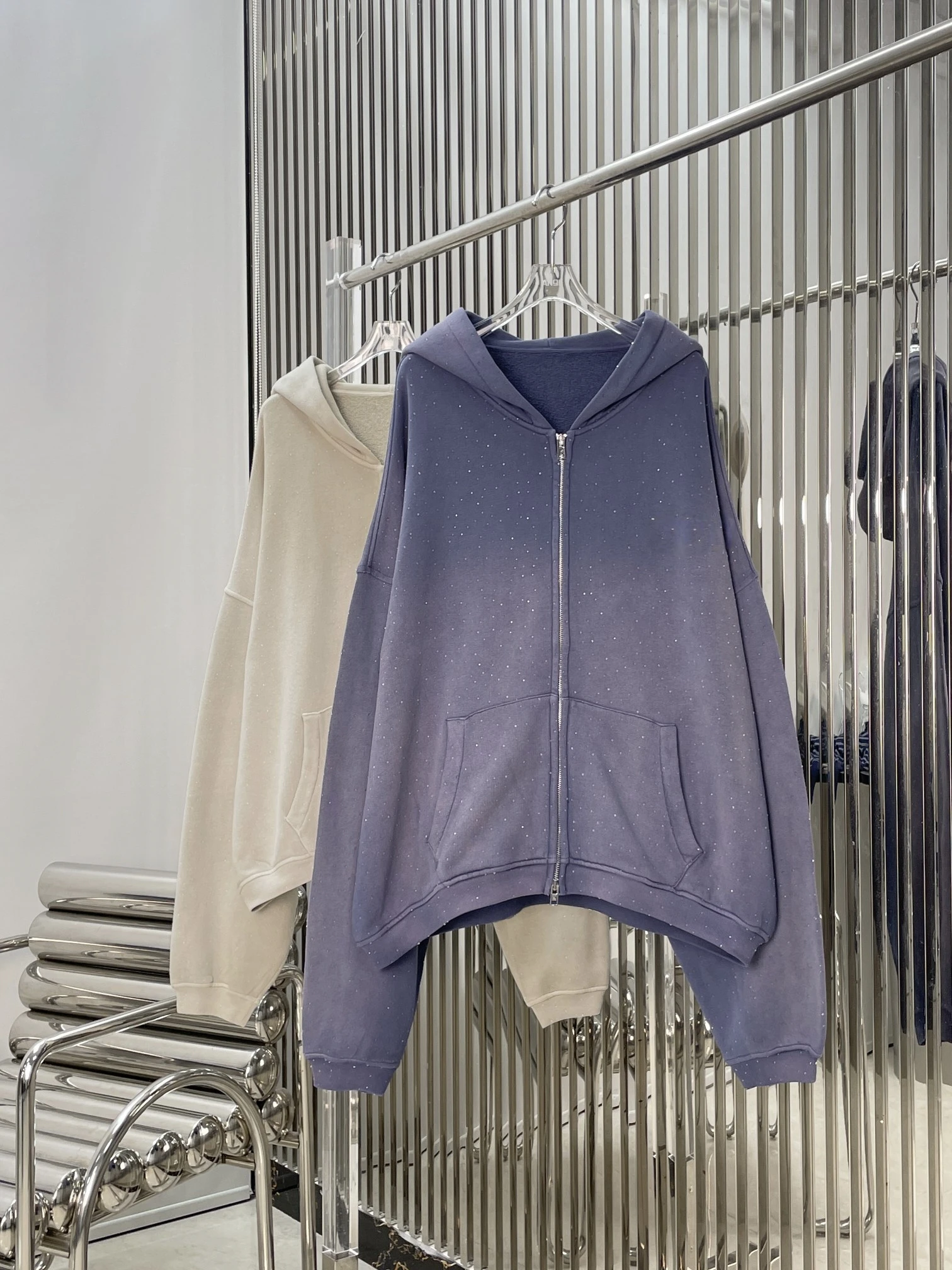 Women's Hooded Fleece Jacket Zipper Closure Embroidered Logo Diamond Glue Gradient Color Cotton Long Sleeve Slimming Effect