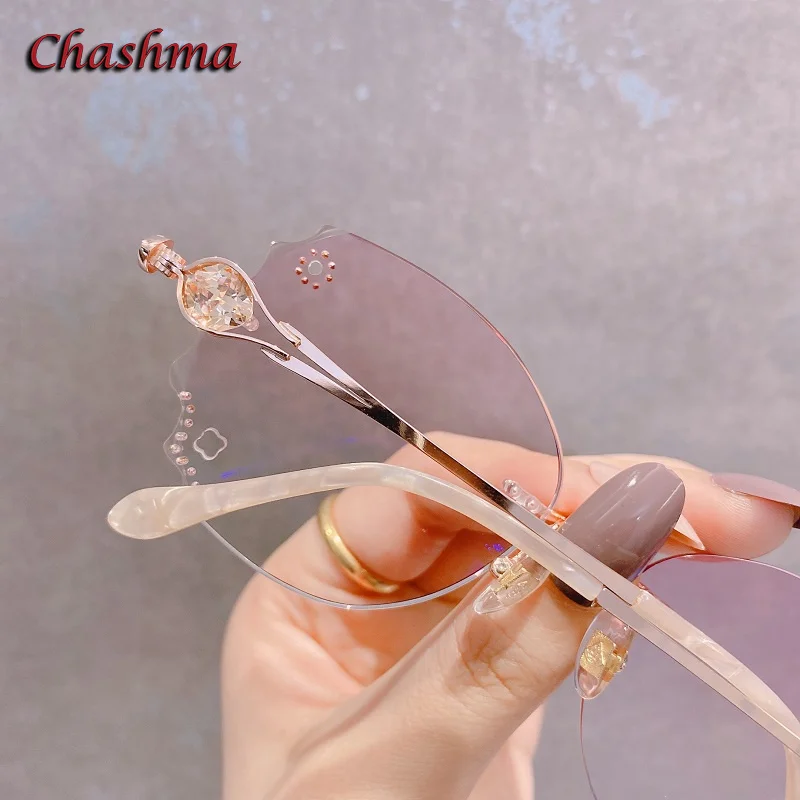 Chashma Dame Luxus Brillen Transparente Farbige Linsen Titan Rahmen Frauen Strass Optische Randlose Licht Brille Weibliche