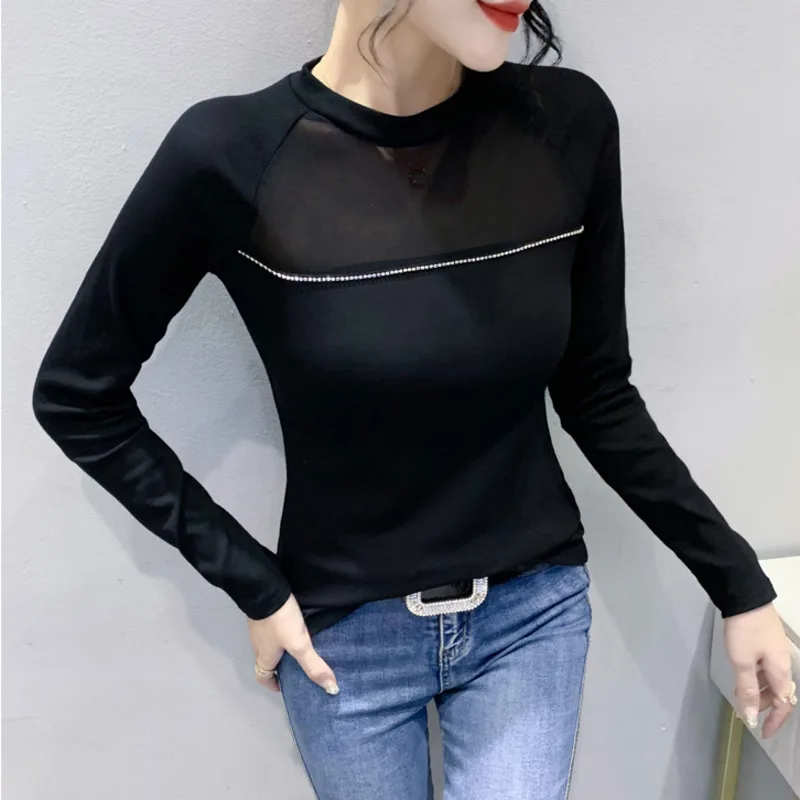 

#8218 Black White Red Mesh T Shirt Women O-neck Slim Sexy Thin Elastic Womens Tshirt Diamonds Perspective T-shirt Femme O-neck