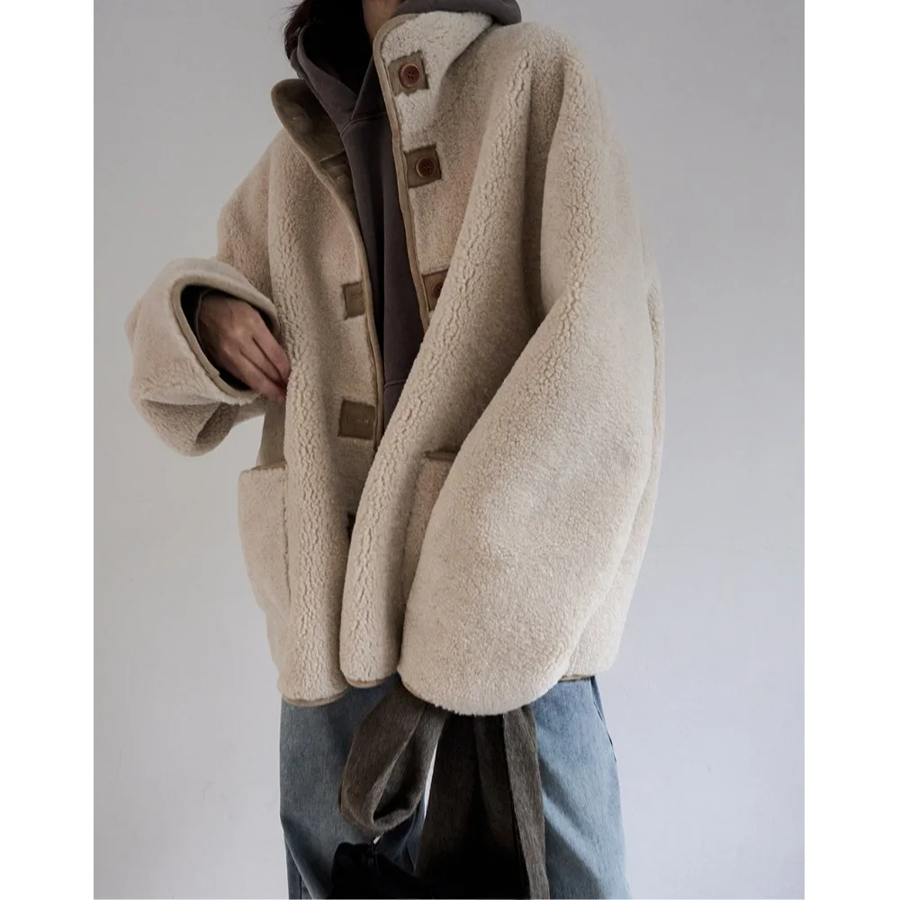 Jaet de piel de cordero para mujer, ropa de abrigo informal con diseño de un solo botón y cuello levantado, estilo callejero, coreano, para primavera, Otoño e Invierno