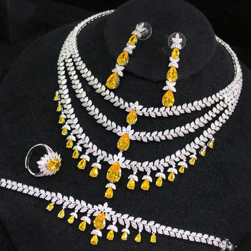 GODKI Famous Brand 4PC Yellow CZ Luxury African Jewelry Set For Women Wedding Party Zircon Crystal Dubai Bridal Jewelry Set Gift