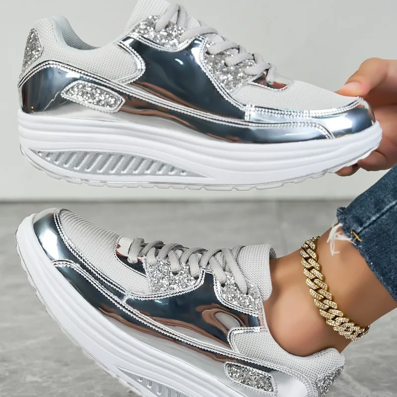 

Mesh Breathable Women Casual Sneakers Lace-up Vulcanized Shoes Ladies Platform Sneakers Female Shoes Gold Zapatos De Mujer