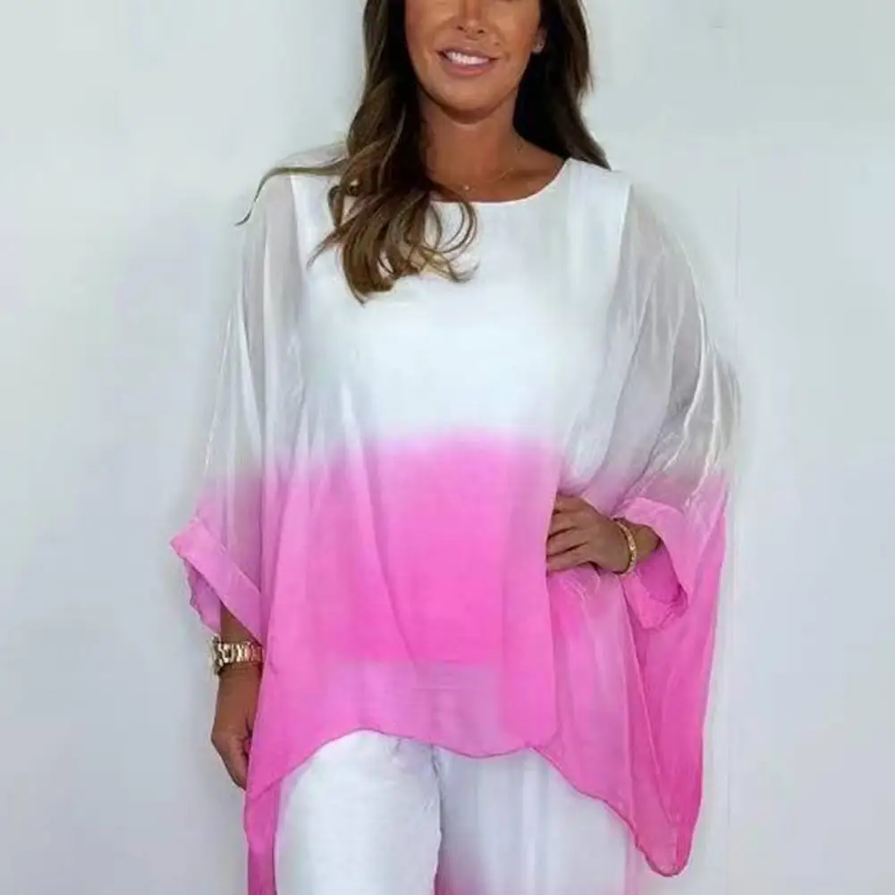 Summer Chiffon Sets Gradient 2 Piece Set For Women Plus Size Crew Neck Top Wide-leg Pant Set Casual Loungewear Female Outfit