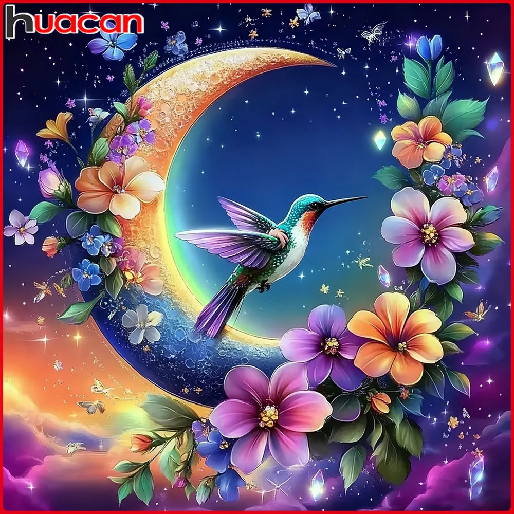 Huacan Neuheiten 2025, Diamantgemälde, Vogel, Mond, Diamantmosaik, Tierblumen-Set, Heimdekoration