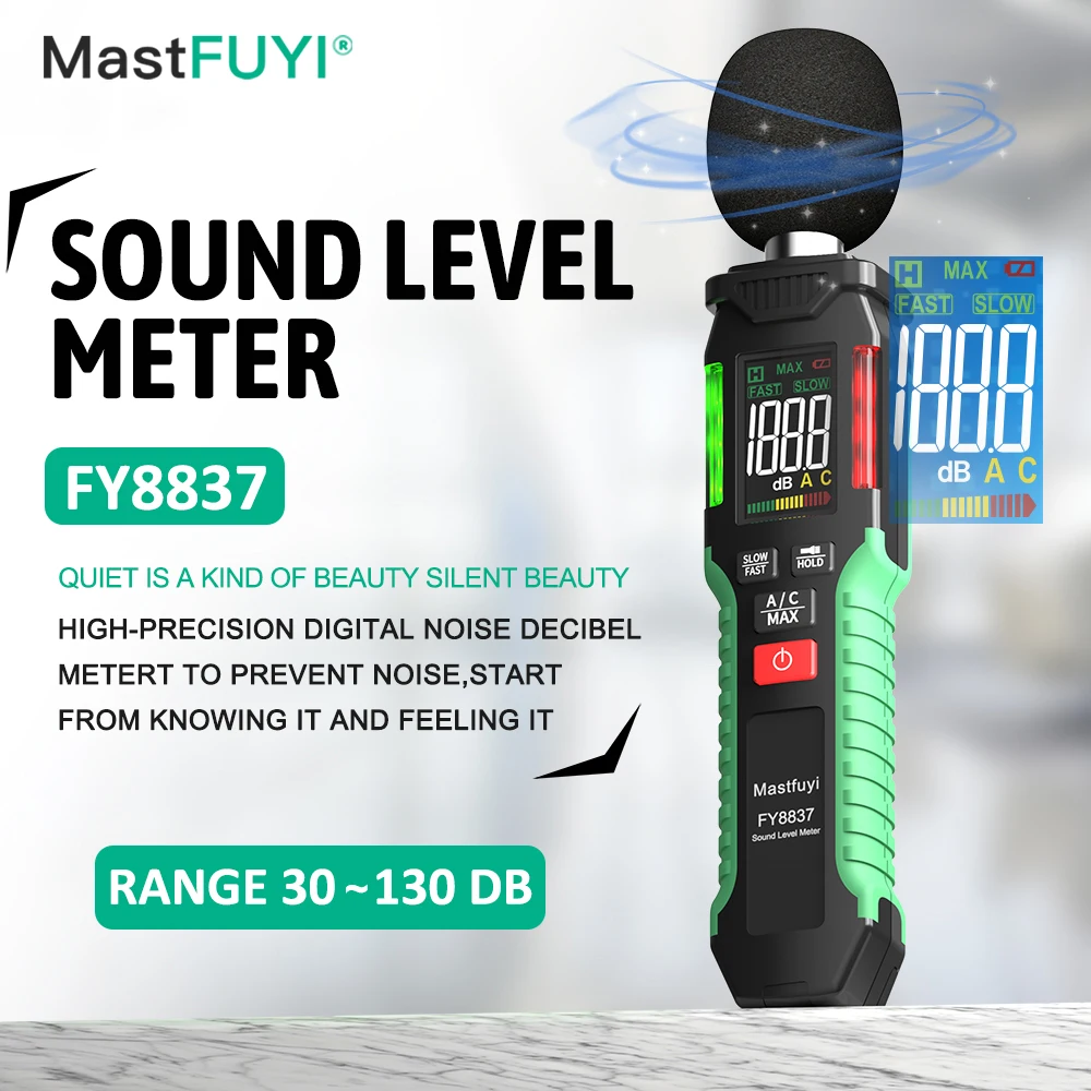 MASTFUYI Professional Digital Sound Level Meter, 30-130dB Range, High-Precision Noise Measuring Instrument for Audio Analysis