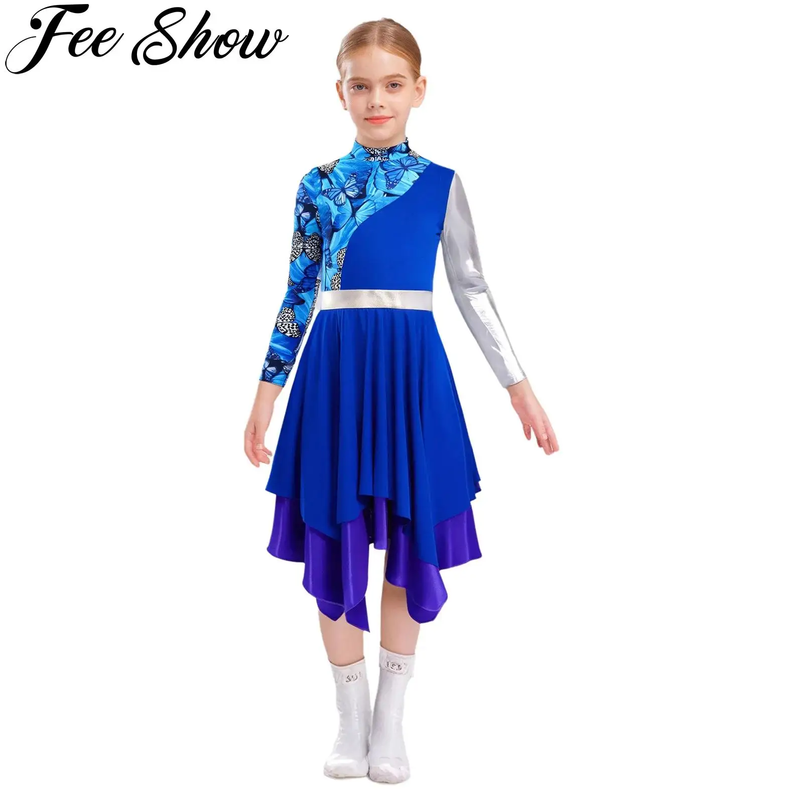 Girls Liturgical Worship Praise Lyrical Dance Tunic Dress Metallic Long Sleeve Printed Irregular Dresses Church Choir Dancewear