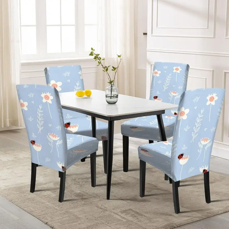 

Эластичный чехол для обеденного стула с принтом цветов, травы и маргариток, с изображением маленьких красных божьих коровок, для украшения отелей, банкетов и дома.