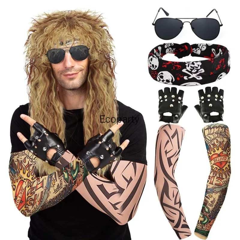 5pcs Set Heavy Metal Rocker Costume for Men Women Halloween 70s 80s Hippie Curly Hair with Sunglasses Gloves Tattoo Sleeves Suit