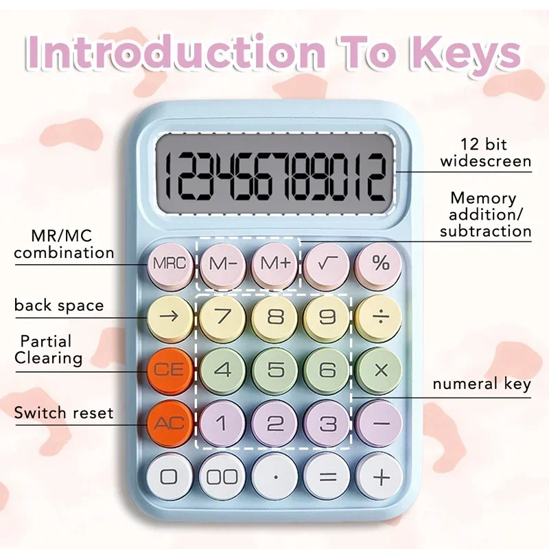 12-digit Keyboard Calculator Office Mechanical Buttons Calculator Cute Candy Color School Supplies Students/Finance Stationery
