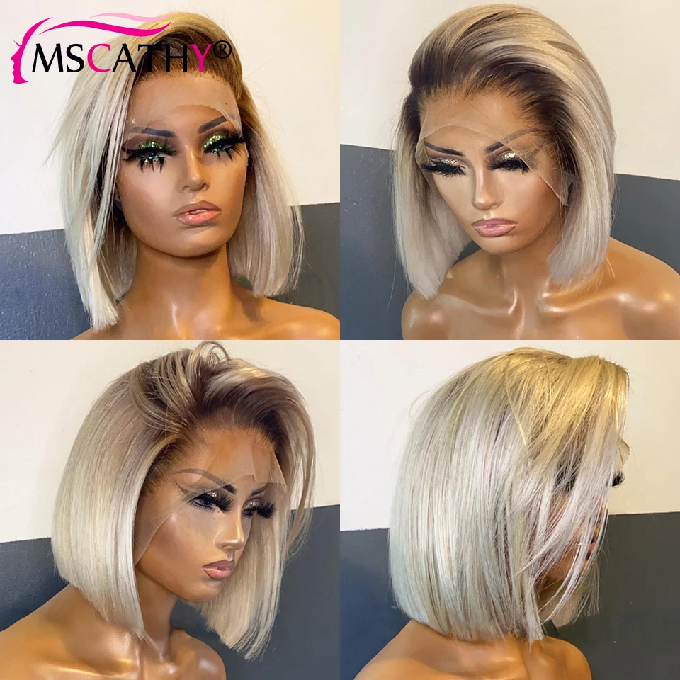 613 Blonde Lace Front Wigs For Women Short Bob Brazilian Human Hair Wig Brown Roots HD Transparent Lace Frontal Wigs Preplucked