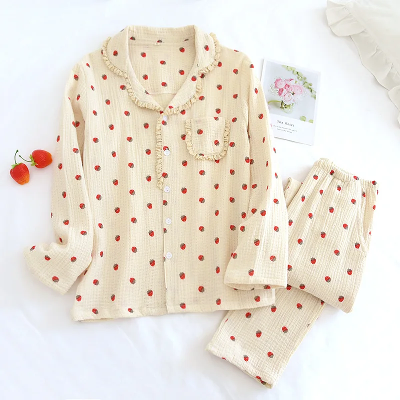 Autumn New Sleepwear Women Two Piece Pajamas Set Ladies Nighty Pure Cotton Pyjama Sweet Girl Strawberry Print Home Clothes