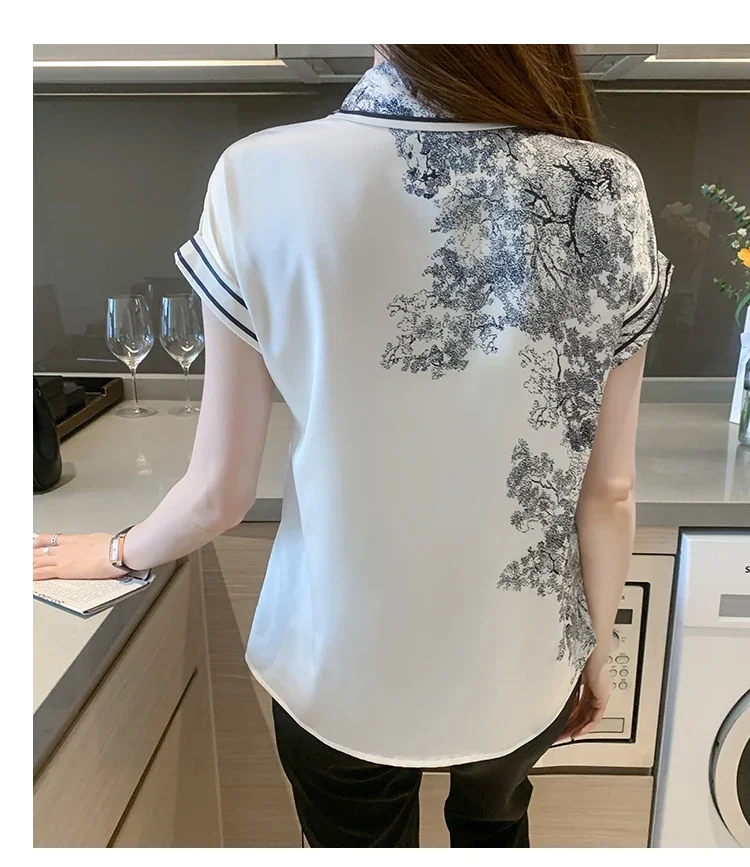 Short-sleeved Satin Women\'s Shirt Stitching Summer New Loose Casual Bow Tie South Korea Fashion Ink Painting Top