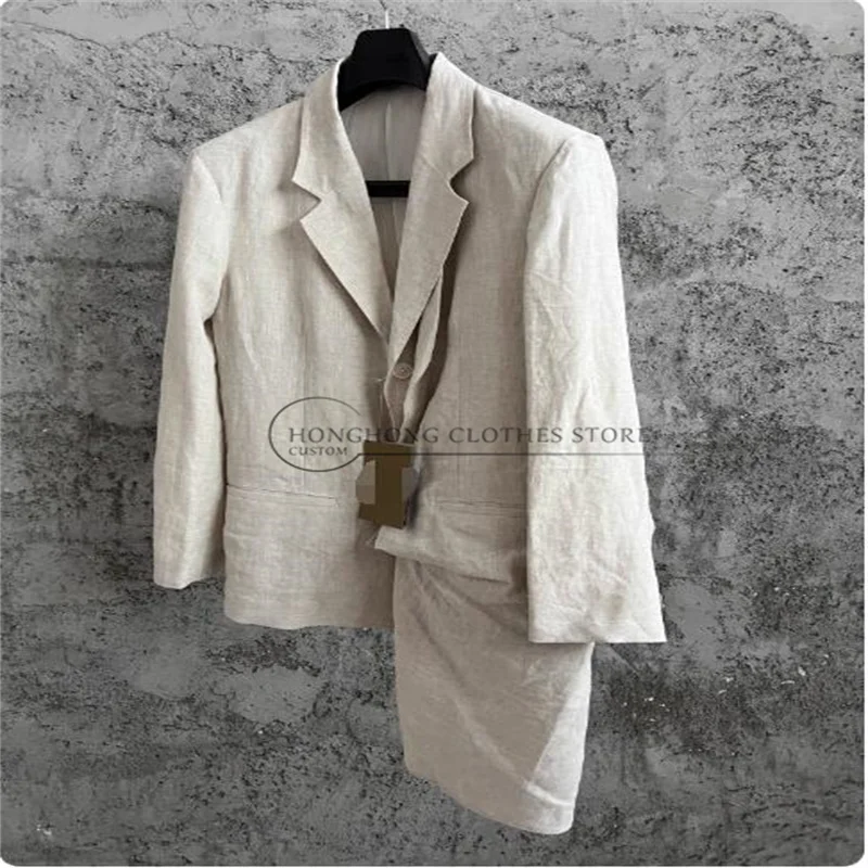 Original design of a four-season linen material jacket. Unusual front collar, double-shoulder blazer for men.