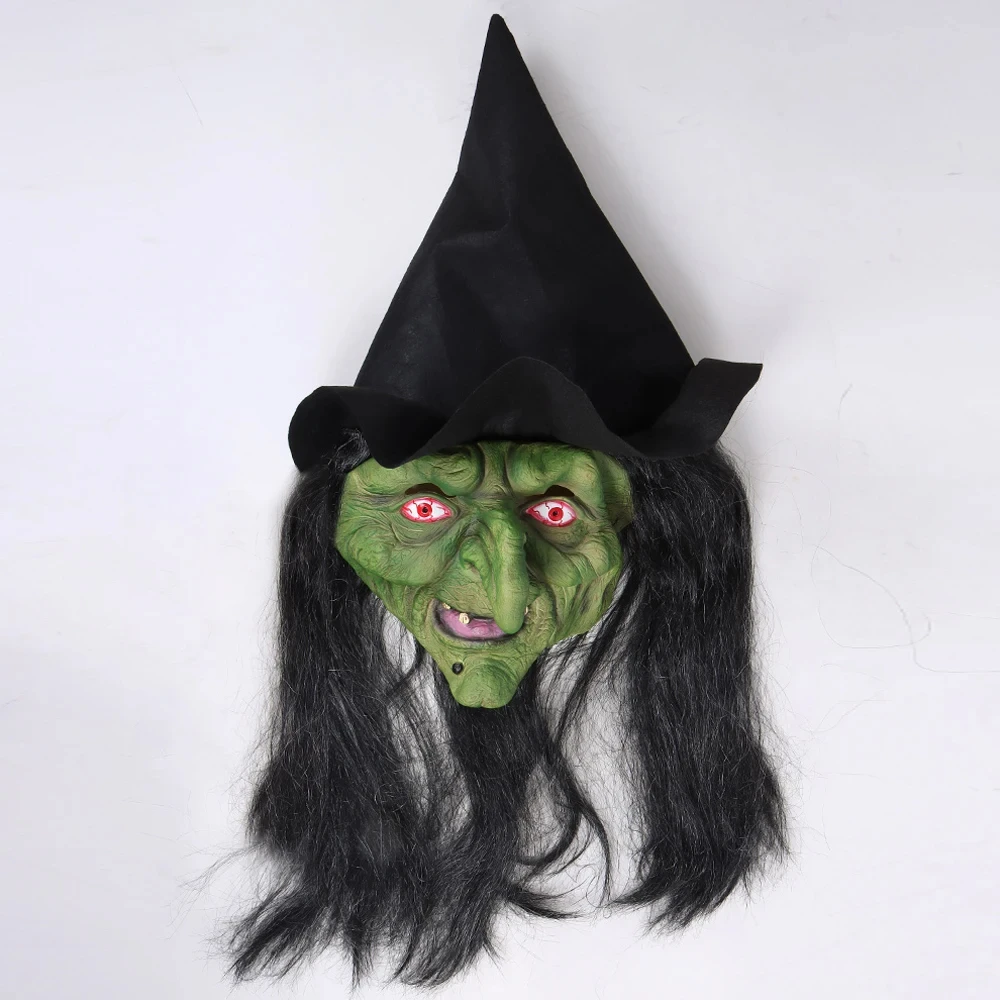 

Halloween Horror Old Witch Mask with Hat Cosplay Scary Clown Hag Latex Masks Green Face Big Nose Old Women Costume Party Props