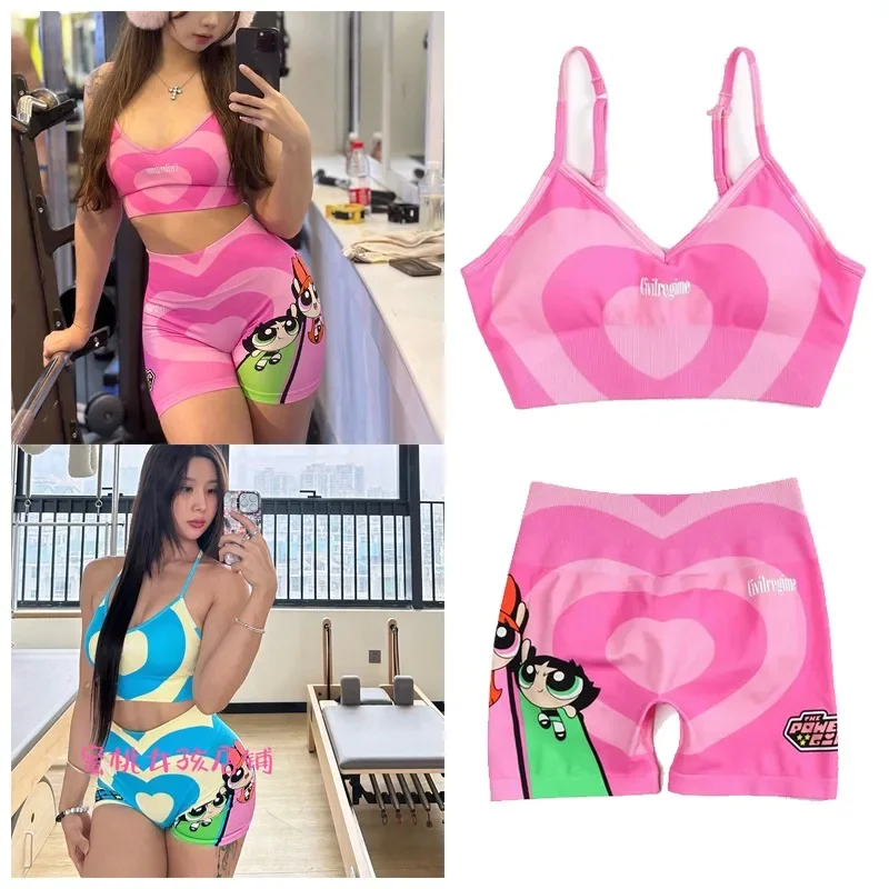 Anime The Powerpuff Girls Series Girls Sexy Yoga Sportswear Set Cute Sports Bra Tight Shorts Kawaii Quick Drying Fitness Suit