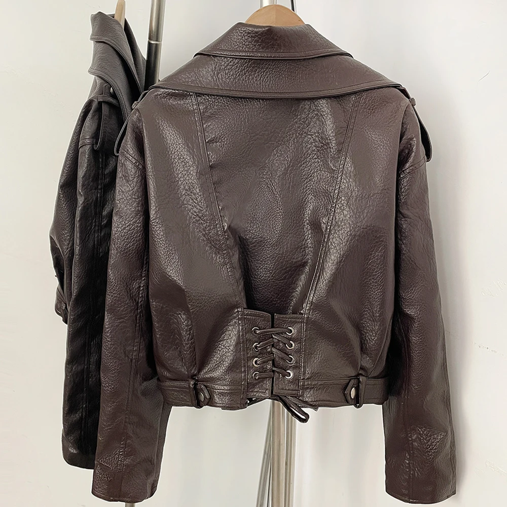 OFTBUY Damen Kunstleder Kurze Motorradjacke Neue Herbst Vintage Punk Kleidung Oberbekleidung Asymmetrischer Reißverschluss PU Bikerjacke Damen – Detail 14