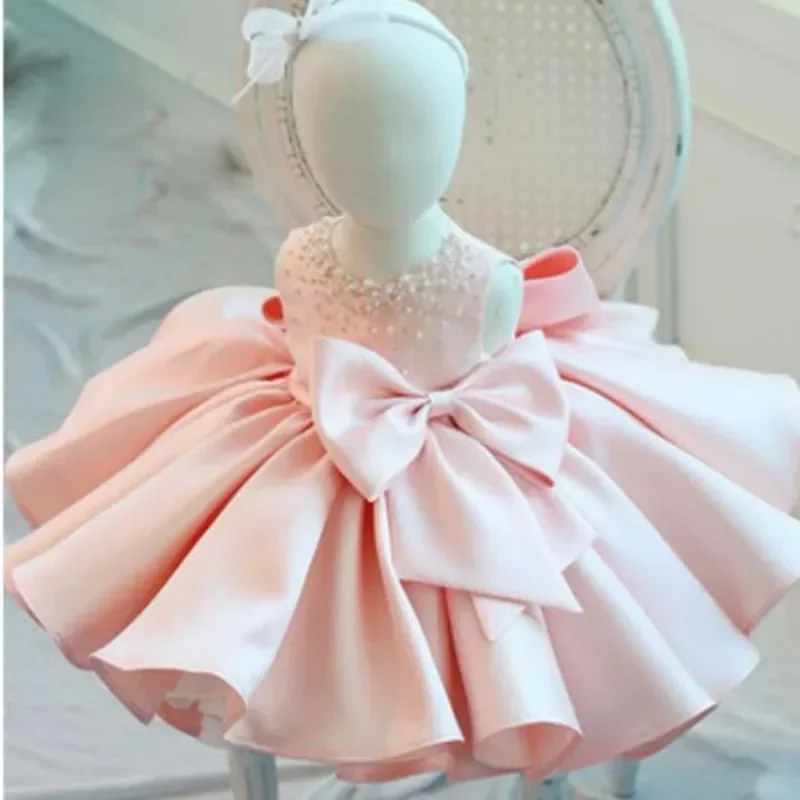 New Fashion Beaded Bow Baby Girl Dress Princess Fluffy Tulle Infant Clothes Baby Girls Baptism Christening 1st Birthday Gown