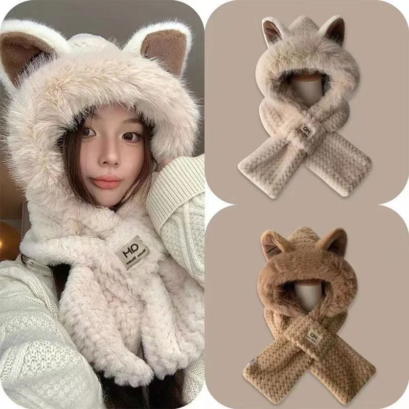 Winter hat girls cute little fox ears plush scarf one warm thick bib cold two piece set