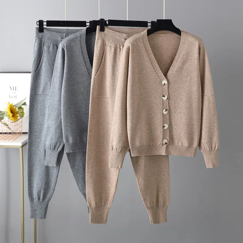 Autumn and Winter New V-neck Cardigan Sweater Harem Pants Set Solid Color Cardigan Sweater Two-piece Set